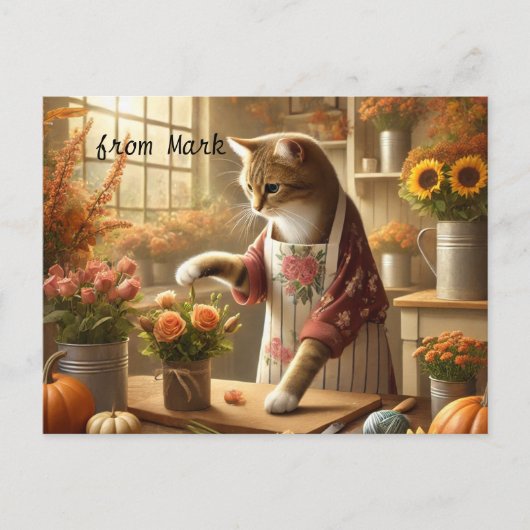 秋の猫と花 – 秋シーズングリーティング シーズンポストカード (正面)