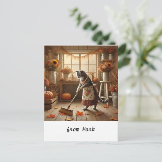 秋の猫と花 – 秋シーズングリーティング シーズンポストカード (スタンド正面)