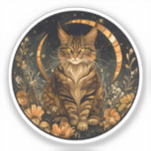 秋の猫の月と金色の花 シール (正面)