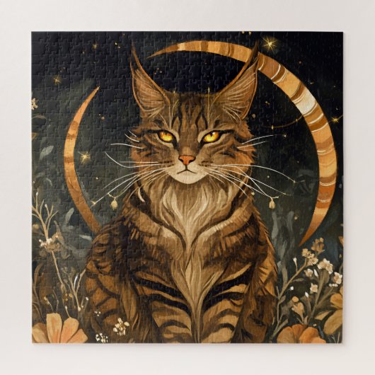 秋の猫の月と黄金の花 ジグソーパズル (縦)