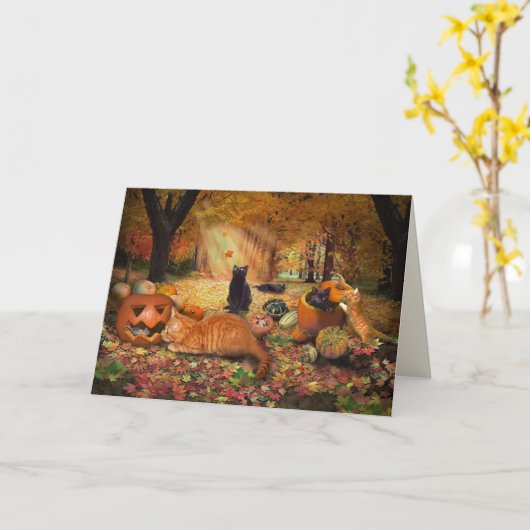 秋の猫 カード (黄色い花)