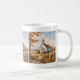 秋の田舎の教会の水彩風景画 コーヒーマグカップ
