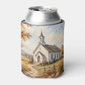 秋の田舎の教会の水彩風景画 缶クーラー (缶正面)