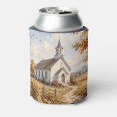 秋の田舎の教会の水彩風景画 缶クーラー (缶裏面)