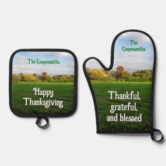 秋の田舎 – パーソナライズされた 鍋つかみ&鍋敷きセット (正面)