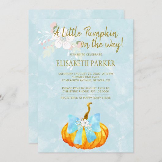 秋の男の赤ちゃんシャワーの途中の小さなカボチャ 招待状 (正面/裏面)