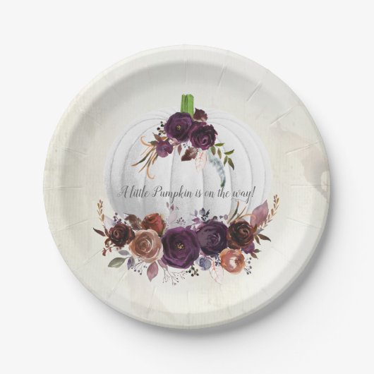 秋の白かぼちゃカップル赤ちゃんシャワー ペーパープレート (正面)