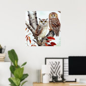 秋の白樺の木に座るフクロウ2羽 ポスター (ホームオフィス)