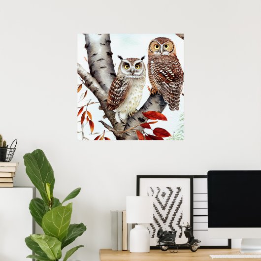 秋の白樺の木に座るフクロウ2羽 ポスター (ホームオフィス)
