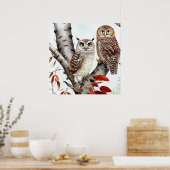 秋の白樺の木に座るフクロウ2羽 ポスター (キッチン)