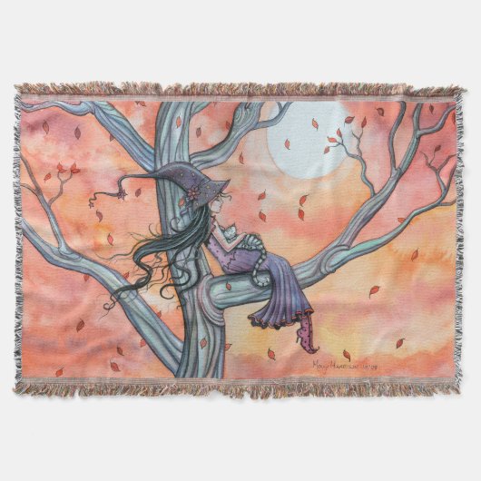 秋の眠り幻想の魔女猫ハロウィンアート スローブランケット (正面)