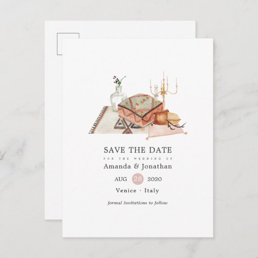 秋の神社ボヘミアン結婚式の日付を保存 案内ポストカード (正面/裏面)