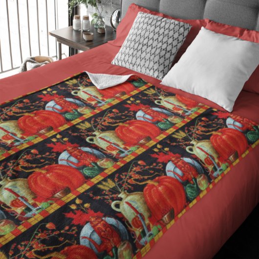 秋の祭り アンティーク絵画 かぼちゃの装飾 フリースブランケット