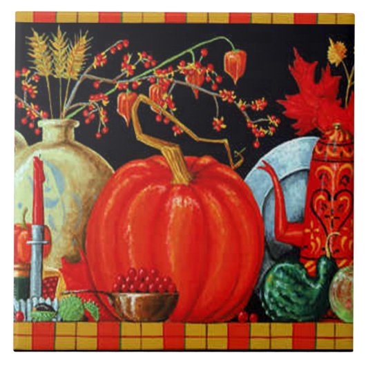 秋の祭り アンティーク絵画 パンプキン装飾 タイル (正面)