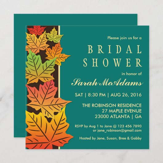 秋の秋のメープルリーフ結婚式招待状ティール(緑がかった色) 招待状 (正面/裏面)