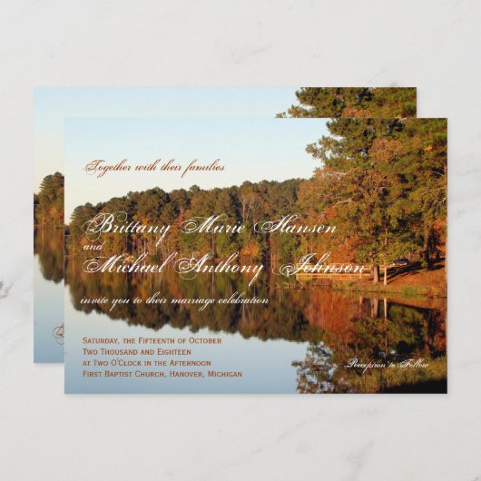 秋の秋の木のleaves湖の結婚式招待状 招待状 (正面/裏面)