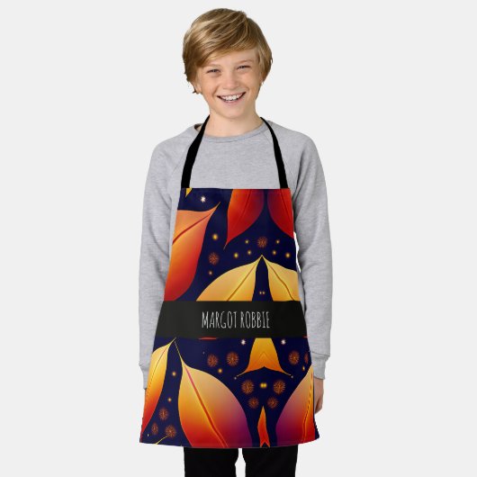 秋の秋の落下離れのオレンジ色アイソメパターン エプロン (着用した状態)