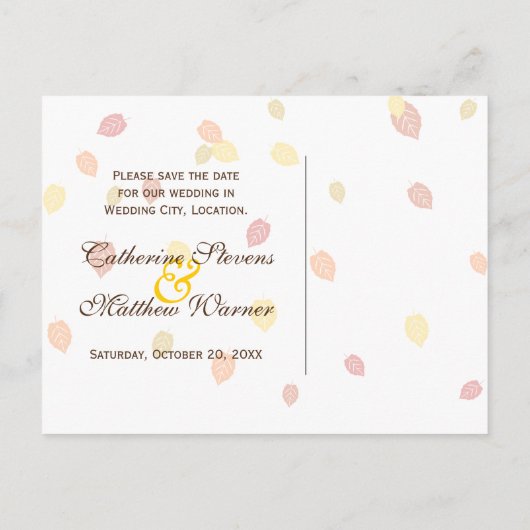 秋の秋の葉秋の結婚式の日付保存 案内ポストカード (裏面)