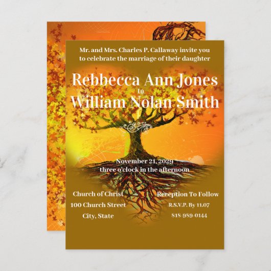 秋の秋アーストーンロマンチック結婚な木 インビテーションポストカード (正面/裏面)