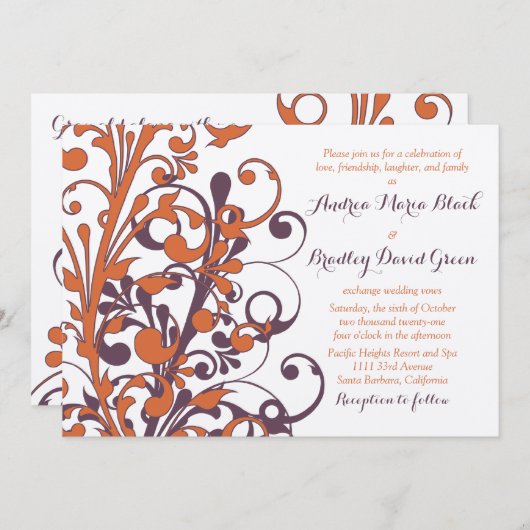 秋の秋エレガント抽象芸術結婚フローラ 招待状 (正面/裏面)