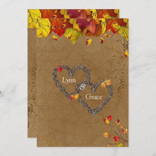 秋の秋カラー葉ハート 招待状 (正面/裏面)