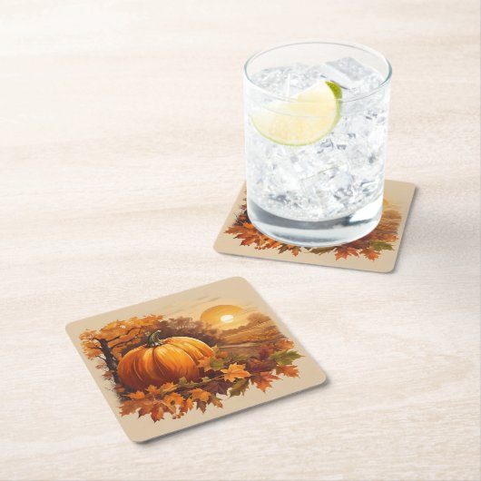 秋の秋サンセットシーンとカボチャ スクエアペーパーコースター (インサイチュ)