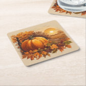 秋の秋サンセットシーンとカボチャ スクエアペーパーコースター (アングル)