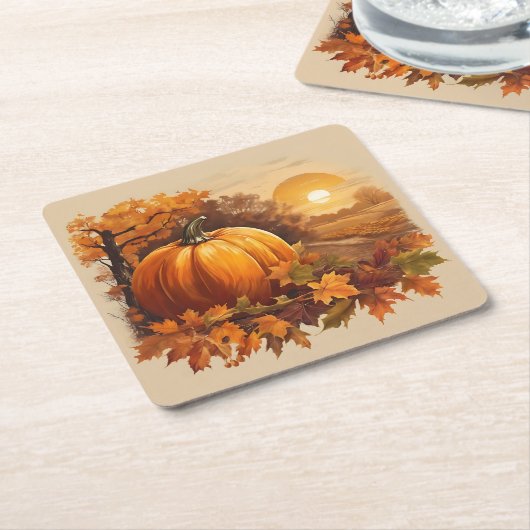 秋の秋サンセットシーンとカボチャ スクエアペーパーコースター (アングル)