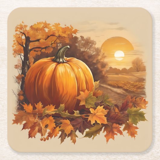 秋の秋サンセットシーンとカボチャ スクエアペーパーコースター (正面)