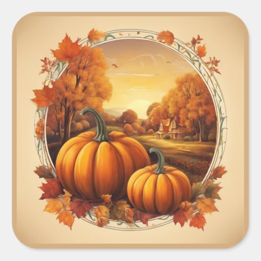 秋の秋シーズンのカボチャとランドスケープのモチーフ スクエアシール (正面)