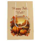 秋の秋シーズンのカボチャとランドスケープのモチーフ ミディアムペーパーバッグ (裏面)