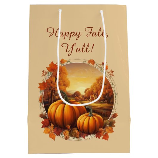 秋の秋シーズンのカボチャとランドスケープのモチーフ ミディアムペーパーバッグ (裏面)