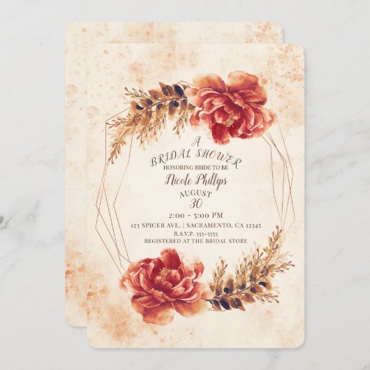 秋の秋スパイスフローラウォーターカラーブライダルシャワー 招待状 (正面/裏面)
