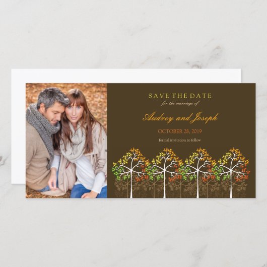 秋の秋ツリーウッドランドウェディング日付を保存 セーブザデート (正面/裏面)