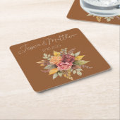 秋の秋テラコッタ素朴ウォーター結婚カラー スクエアペーパーコースター (アングル)