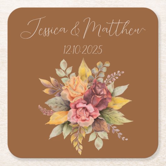 秋の秋テラコッタ素朴ウォーター結婚カラー スクエアペーパーコースター (正面)