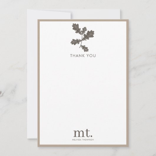 秋の秋トープの格子模様モダンの葉モノグラム サンキューカード (正面)