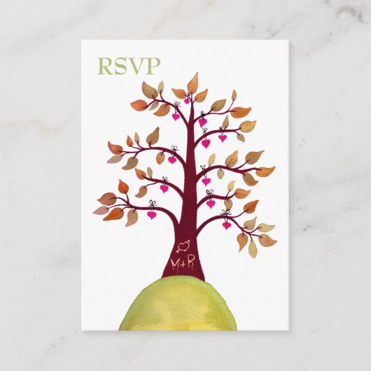 秋の秋ハートツリーカービングウェディングRSVPカード エンクロージャーカード (正面)
