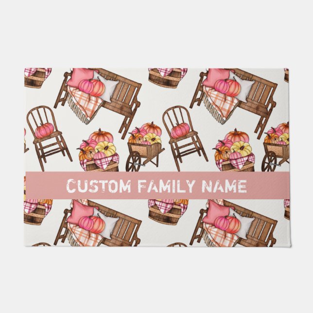 秋の秋ピンクパンプキンドアマット ドアマット (正面)