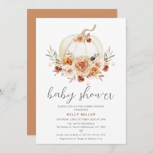 秋の秋フローラカボチャ赤ちゃんシャワー 招待状 (正面/裏面)