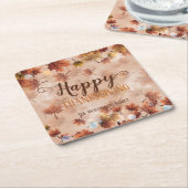 秋の秋ブラウン葉ズハッピーサンクスギビング スクエアペーパーコースター (アングル)