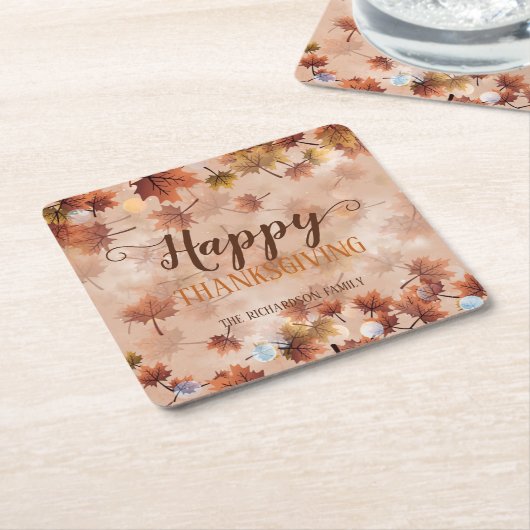 秋の秋ブラウン葉ズハッピーサンクスギビング スクエアペーパーコースター (アングル)