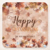 秋の秋ブラウン葉ズハッピーサンクスギビング スクエアペーパーコースター (正面)