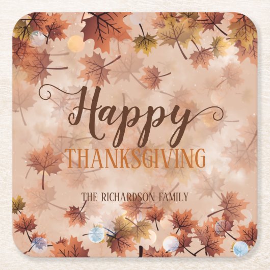 秋の秋ブラウン葉ズハッピーサンクスギビング スクエアペーパーコースター (正面)