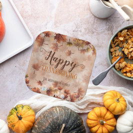 秋の秋ブラウン葉ズハッピーサンクスギビング ペーパープレート