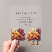 秋の秋ブルゴーニュの木々の結婚式の日付を保存 アクリル招待状 (インサイチュ (ポータブル))