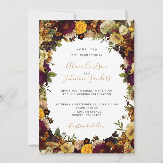 秋の秋ブルゴーニュフローラ素朴なシック結婚ズ 招待状 (正面)