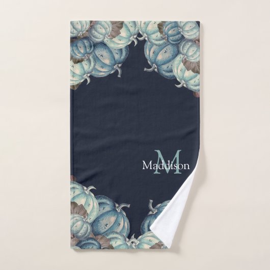 秋の秋ブルーウォーターカラーパンプキン素朴ネイビー バスタオルセット (ハンドタオル)