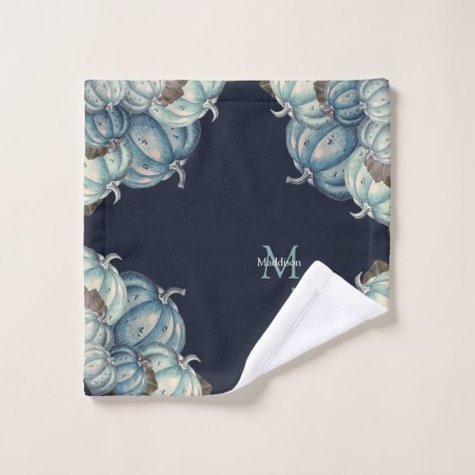 秋の秋ブルーウォーターカラーパンプキン素朴ネイビー バスタオルセット (ウォッシュタオル)