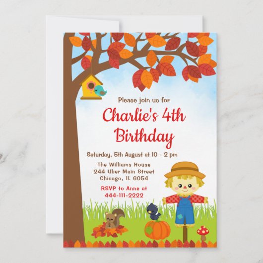 秋の秋ボーイかかし誕生日 招待状 (正面)